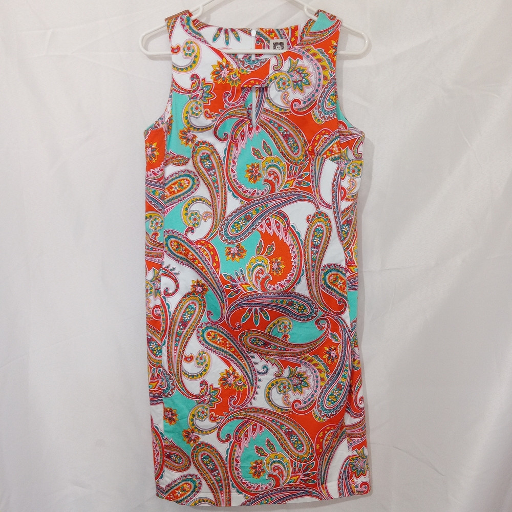 Anne Klein Womens Sz 8 Paisley Shift Dress Sleeveless Keyhole Sheath Multicolor